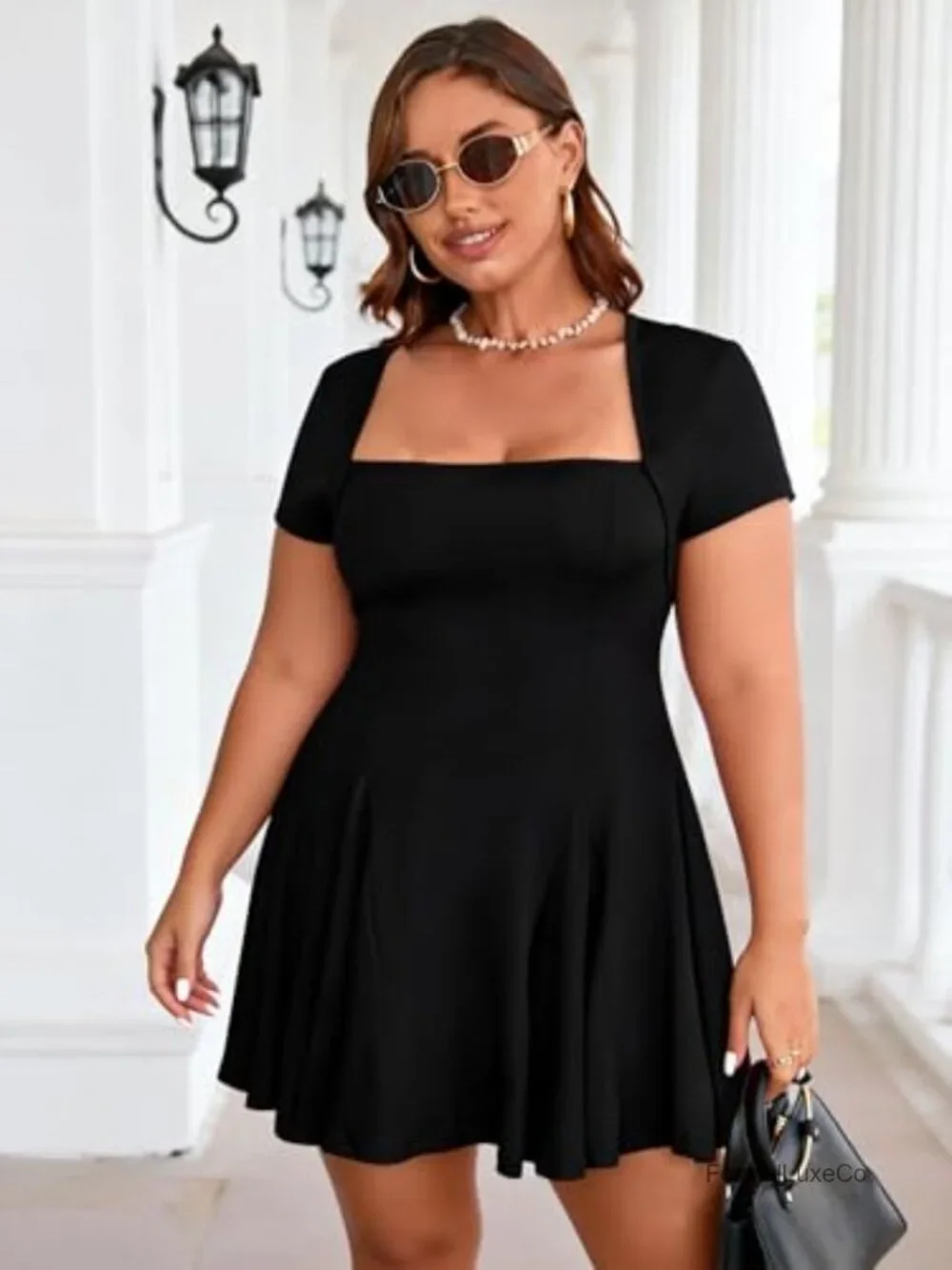 Plus Size A-Line Mini Dress Square Neck Short Sleeve Ruffle Hem Party - Picture 3 of 5